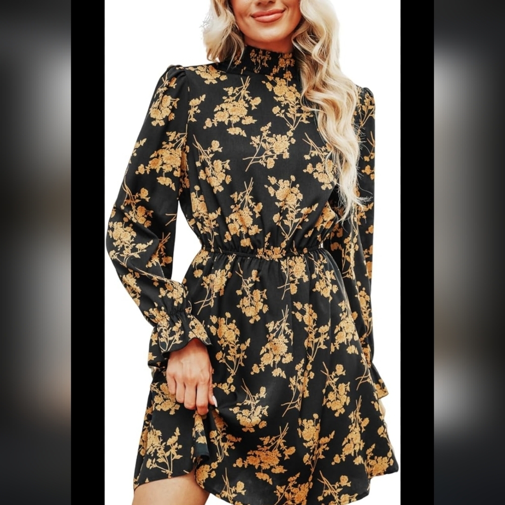 CUPSHE Women's Mock Neck Floral Mini Boho Dress Long Ruffle Sleeve Elastic Waist
